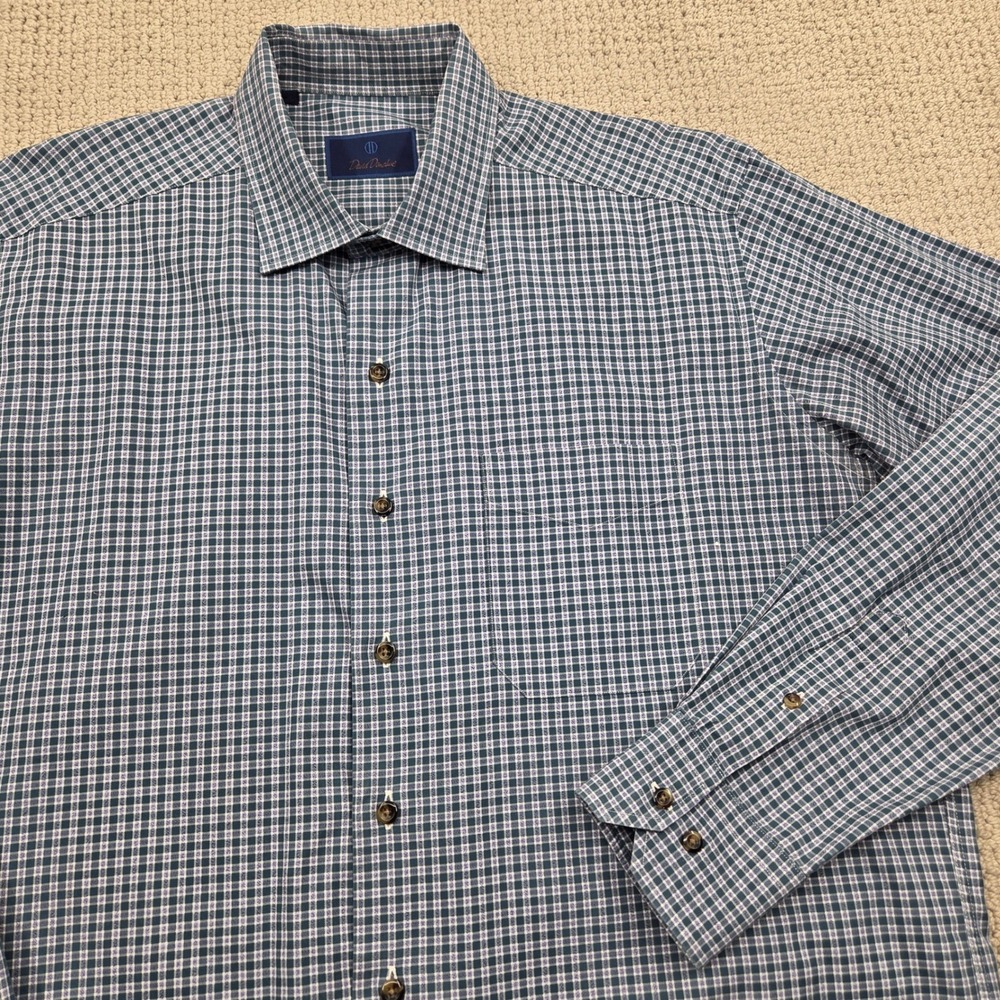 David Donahue Plaid Long Sleeve Button Up Dress Shirt Blue Green Mens‎ XL